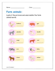 Look at the pictures and unscramble the farm animal words