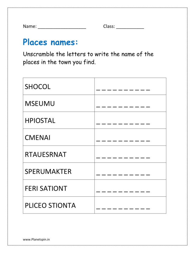 Unscramble the letters to write the name of the places in the town you find