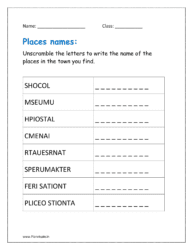 Unscramble the letters to write the name of the places in the town you find