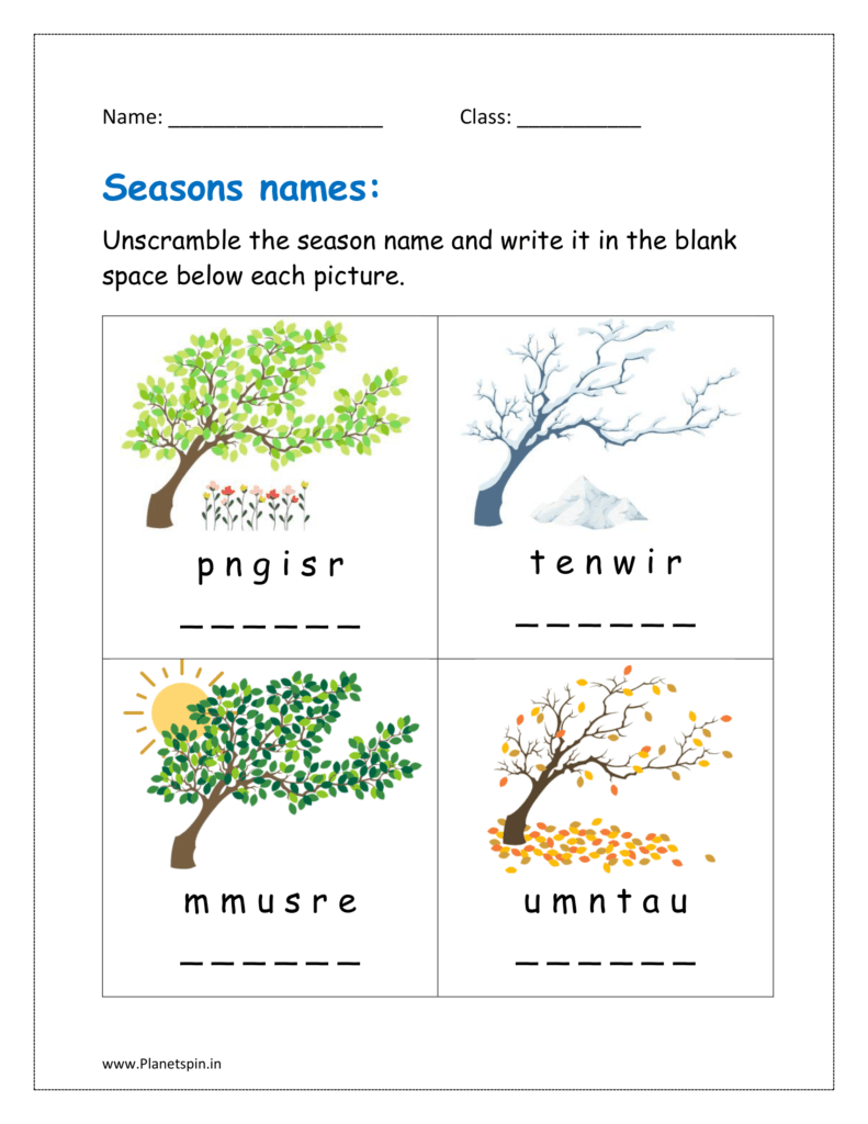 Unscramble the season name and write it in the blank space below each picture in the given worksheet