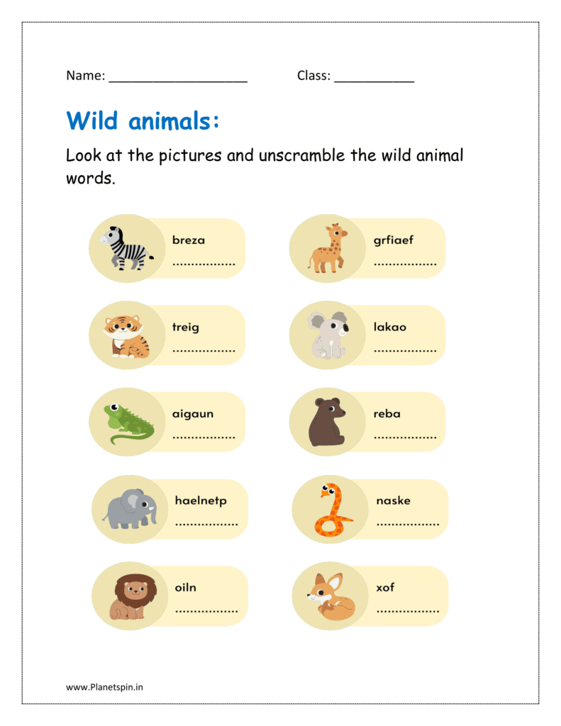 Look at the pictures and unscramble the wild animal words