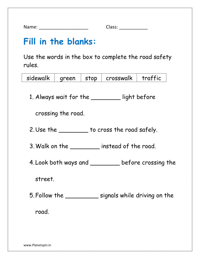 Use the words in the box to complete the road safety rules