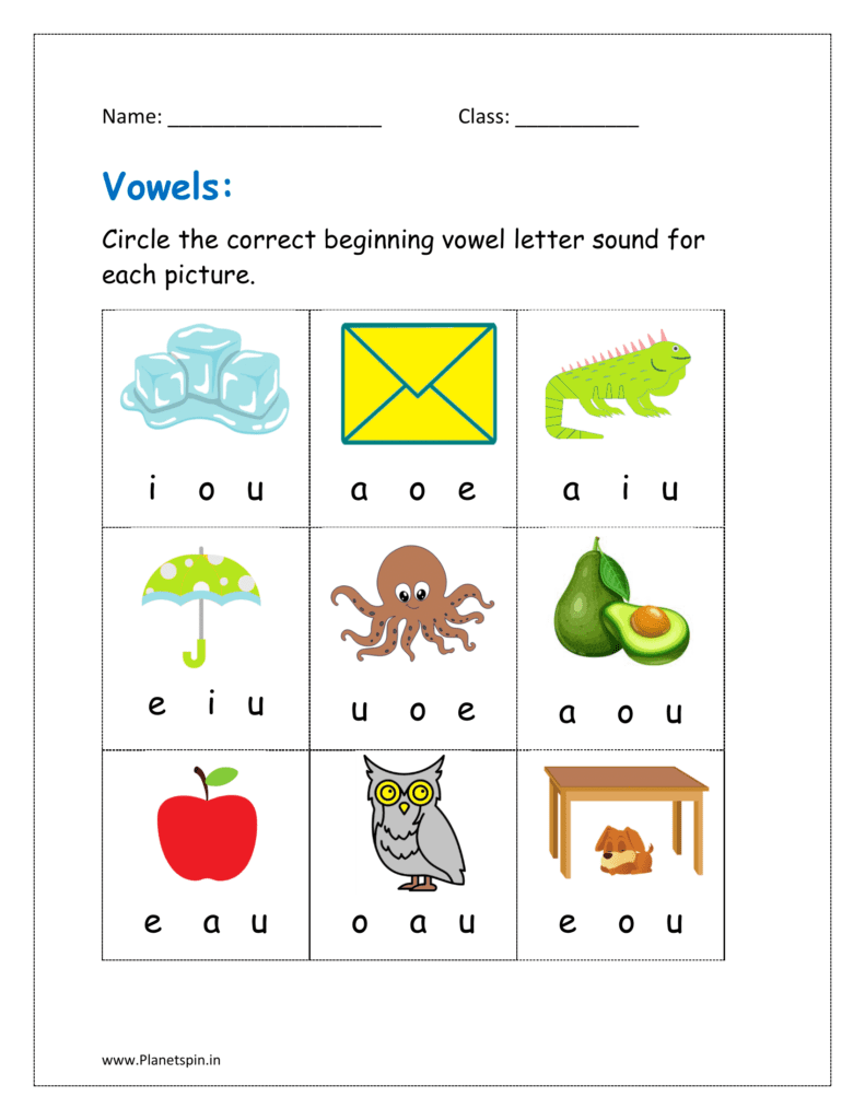 Circle the correct beginning vowel letter sound for each picture.