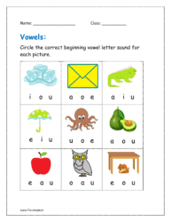 Circle the correct beginning vowel letter sound for each picture.