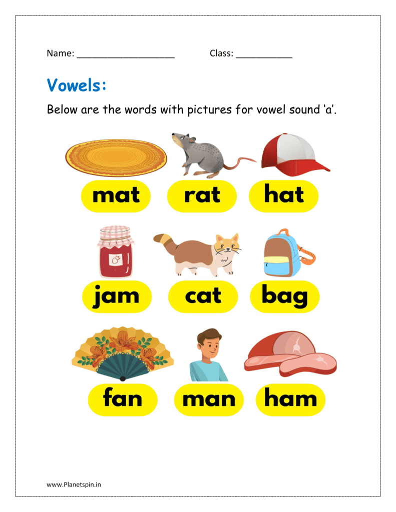 a vowel sound words with pictures in the given free printable worksheet