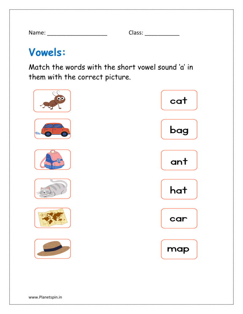 Match the words with the short vowel sound ‘a’ in them with the correct picture in the given free printable worksheet