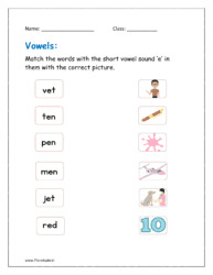 e vowel sound: Match the words with the short vowel sound ‘e’ in them with the correct picture.