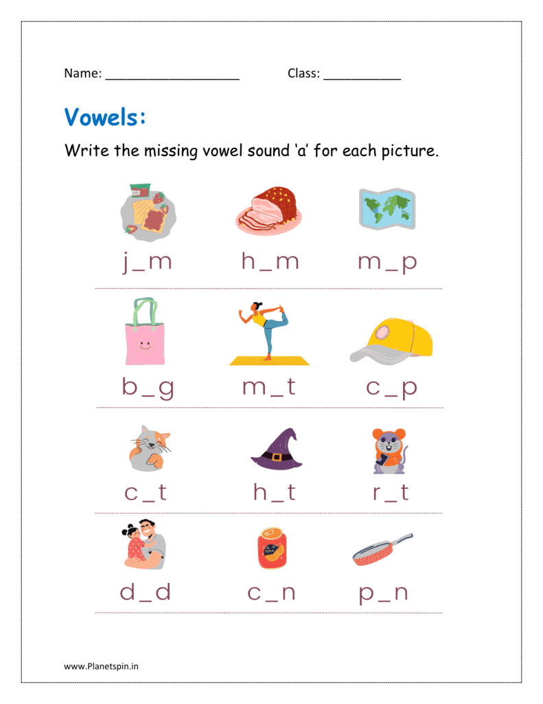 a sound: Write the missing sound ‘a’ for each picture in the given free printable worksheet.