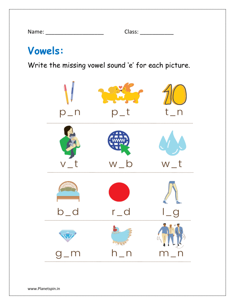 e sound: Write the missing sound ‘e’ for each picture.