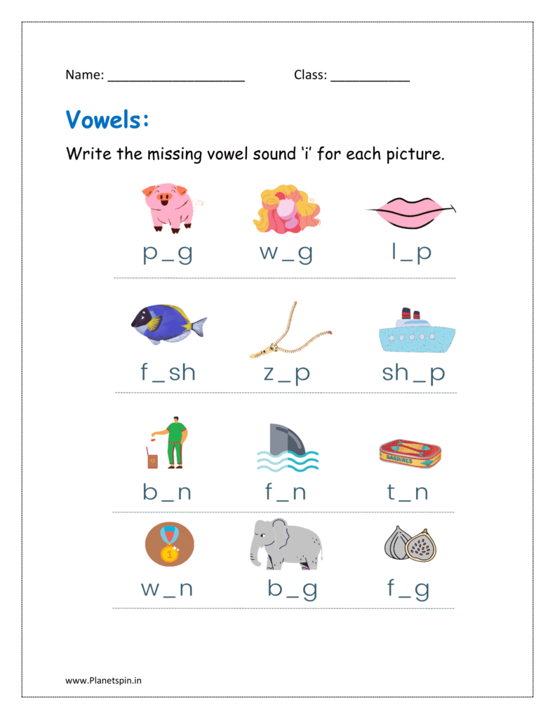 i sound: Write the missing sound ‘i’ for each picture.