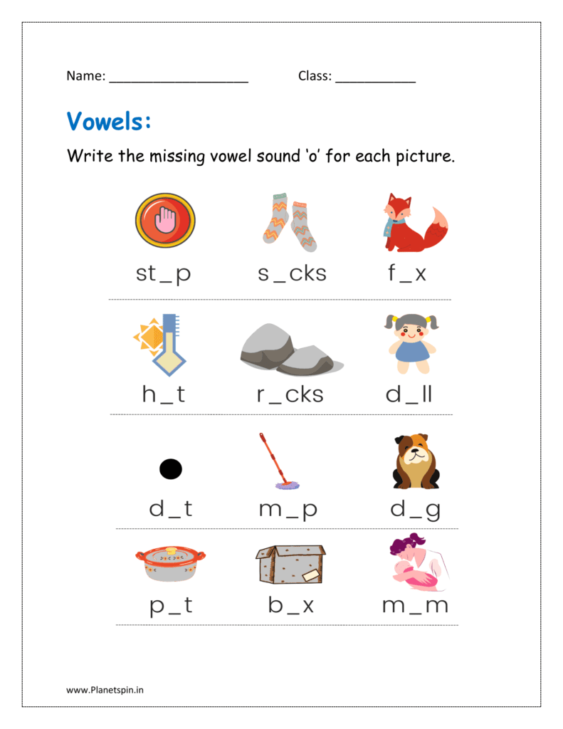 o sound: Write the missing sound ‘o’ for each picture.