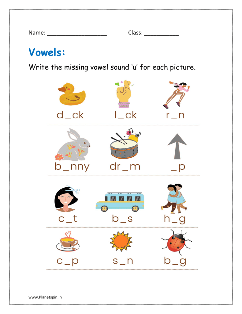 u sound: Write the missing vowel sound ‘u’ for each picture.