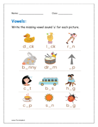 u sound: Write the missing vowel sound ‘u’ for each picture.