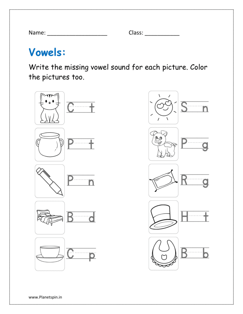 Write the missing vowel sound for each picture. Color the pictures too.