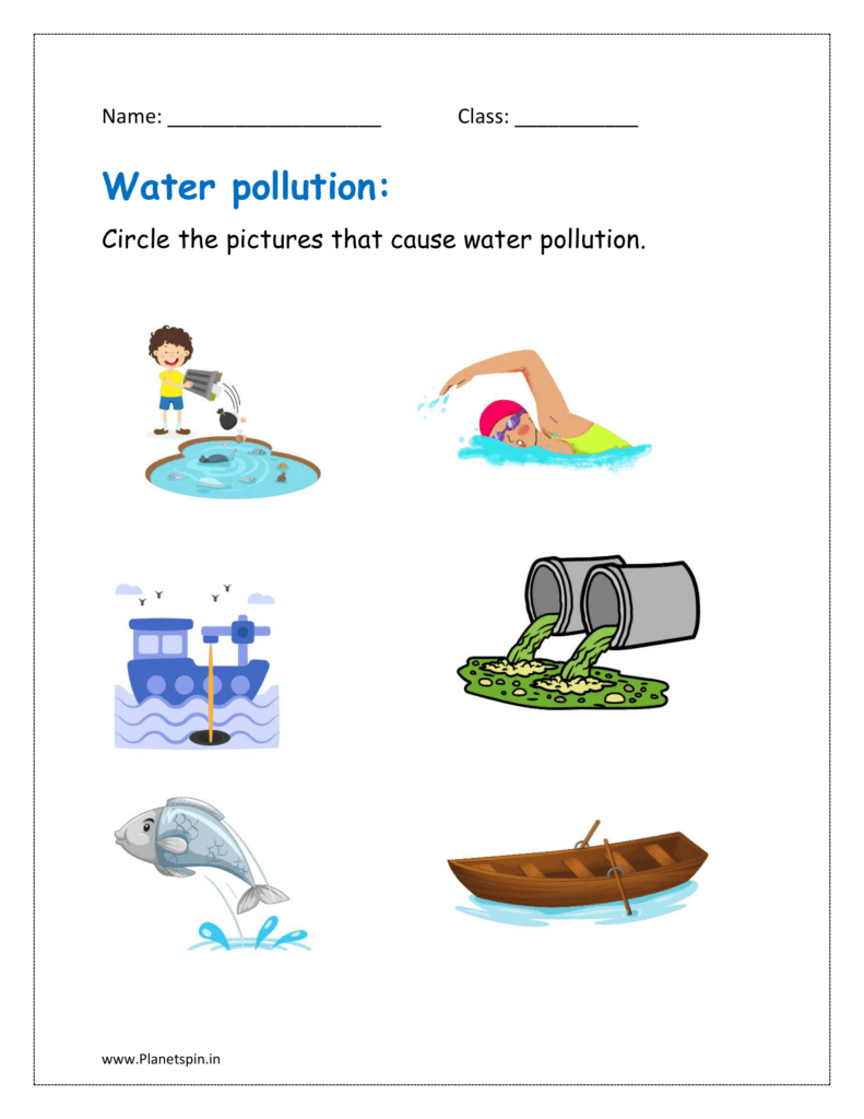 Circle the pictures that cause water pollution in the given kindergarten worksheet