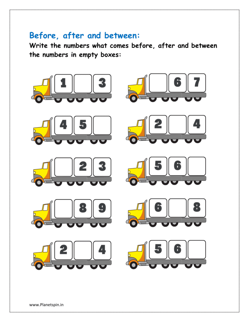 Before, after and between: Write the numbers what comes before, after and between the numbers in empty boxes 