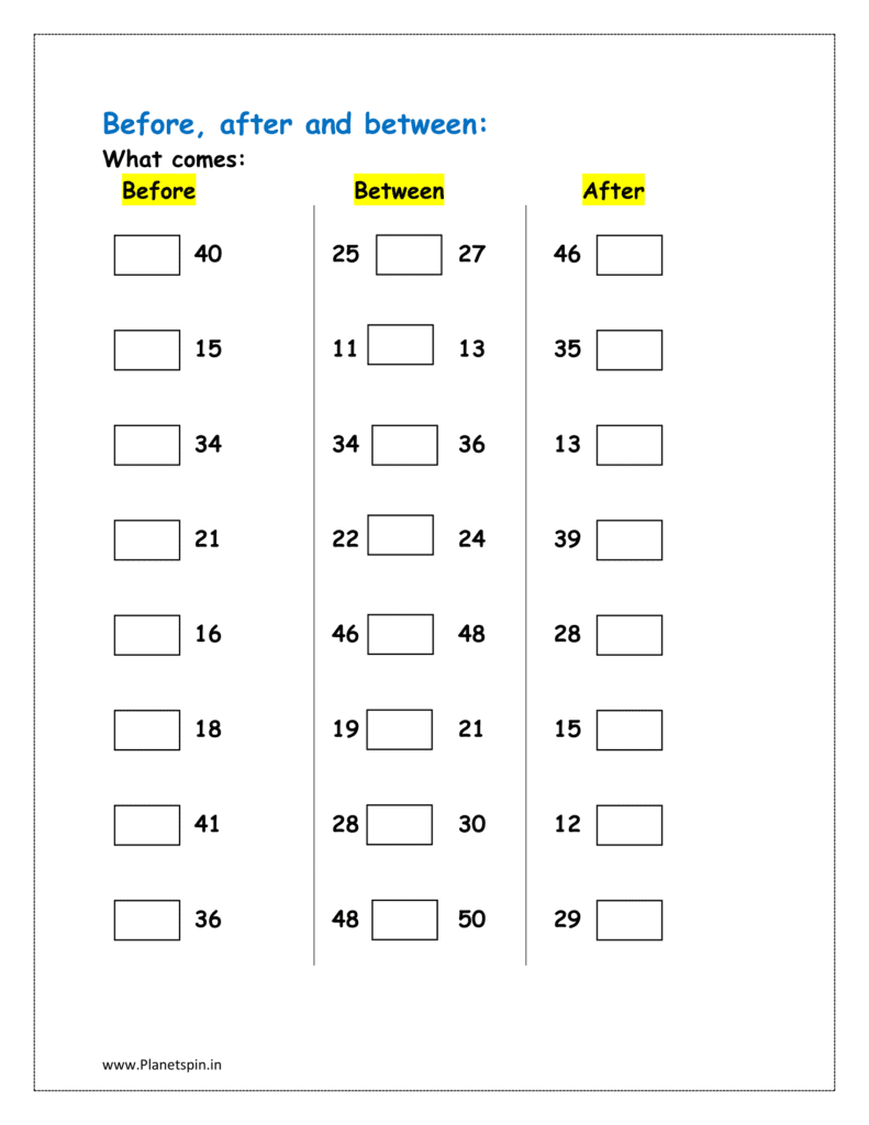 before after and between worksheet for class 1