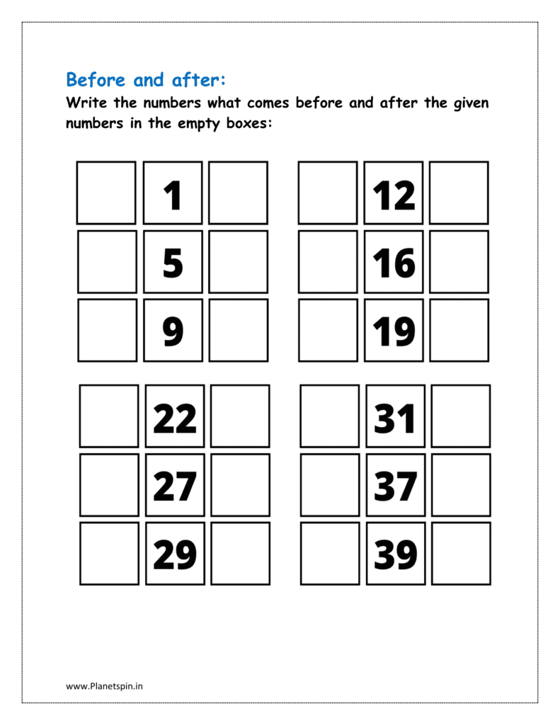 1 to 40: Write the numbers what comes before and after the given numbers in the empty boxes 