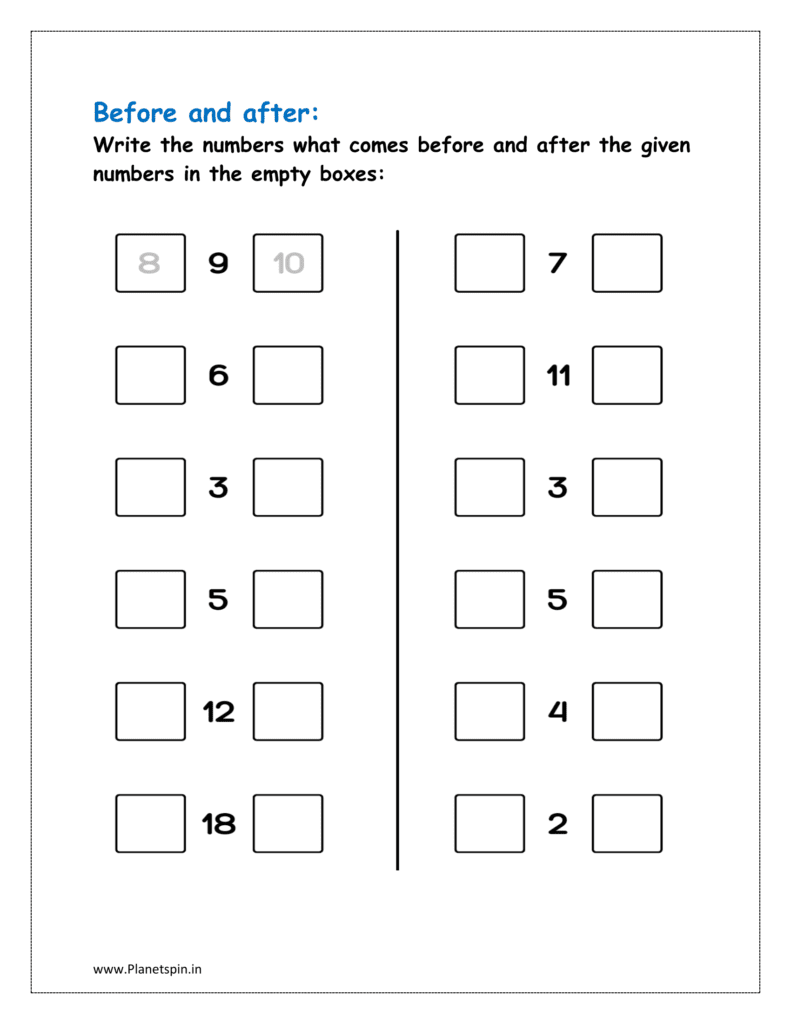 2 to 18: Write the numbers what comes before and after the given numbers in the empty boxes