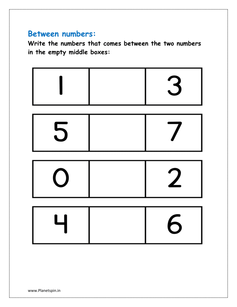 0 to 7: Write the numbers that comes between the two numbers in the empty middle boxes