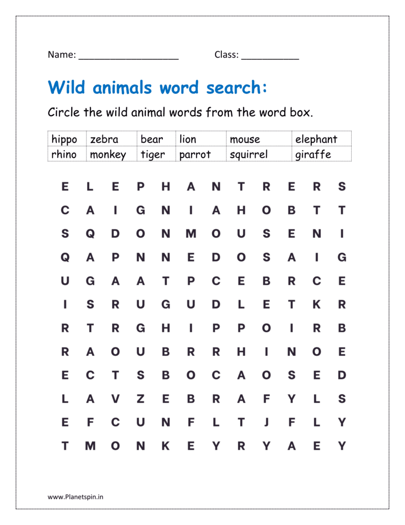 Wild animals word search