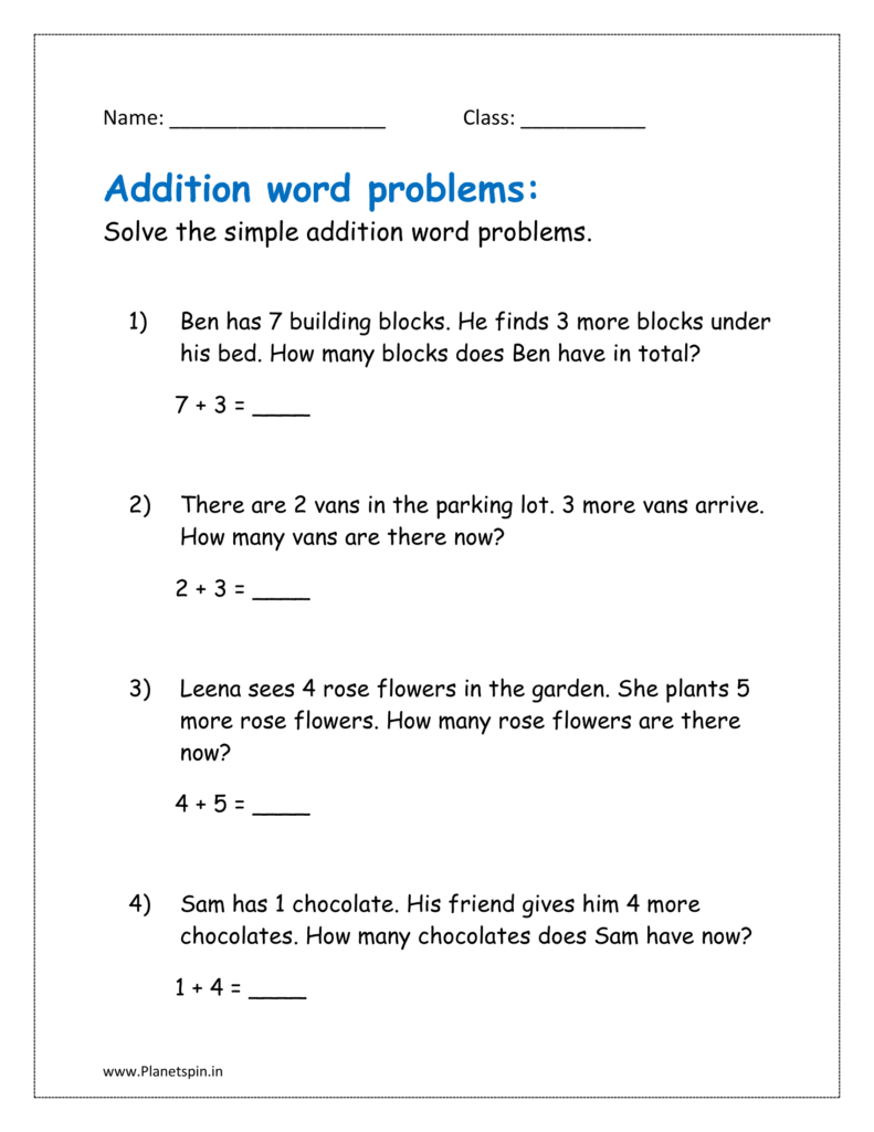 Solve the simple addition word problems for class 1.