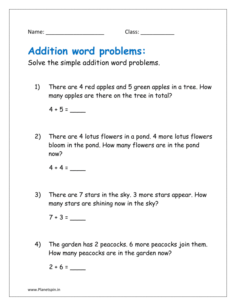 Solve the simple addition word problems for class 1.