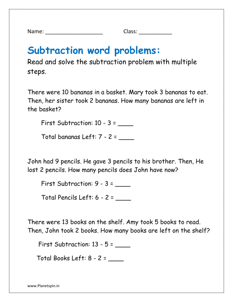 Read and solve the subtraction problem with multiple steps in the given grade 1 worksheet