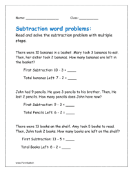 Read and solve the subtraction problem with multiple steps (word problems for class 1 subtraction)