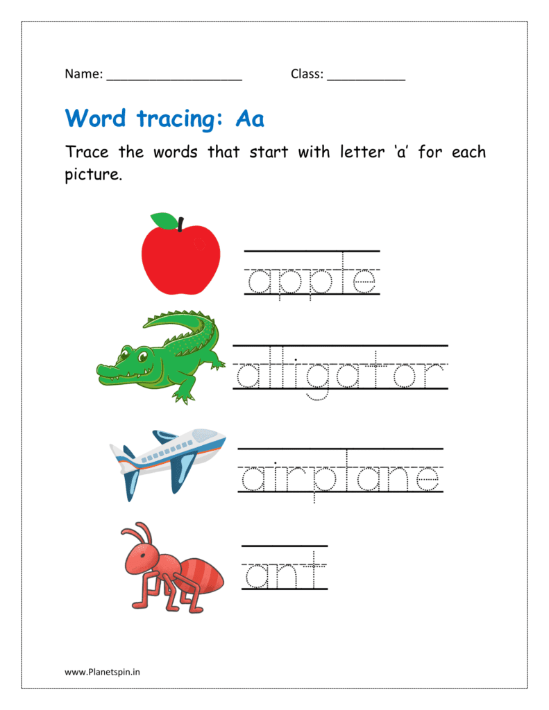 Trace the words that start with letter ‘a’ for each picture