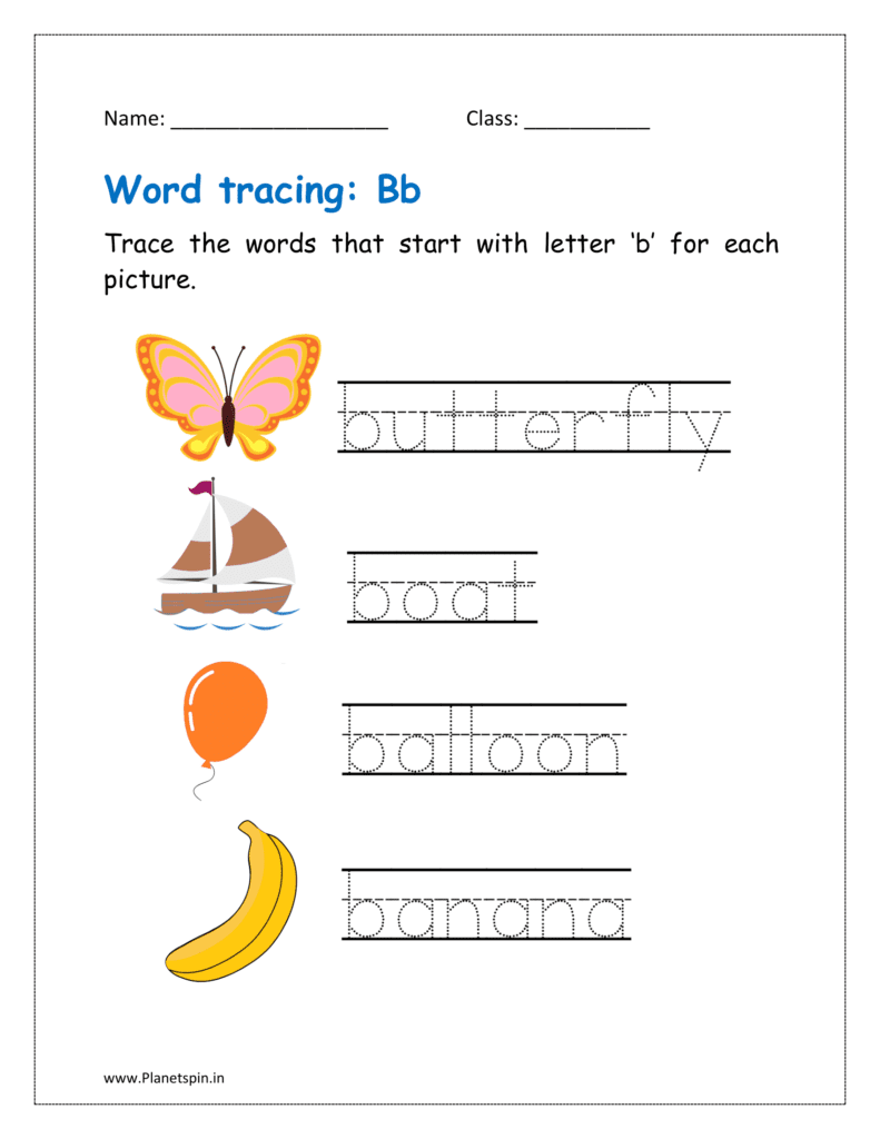 Tracing the word that start with letter ‘b’ for each picture