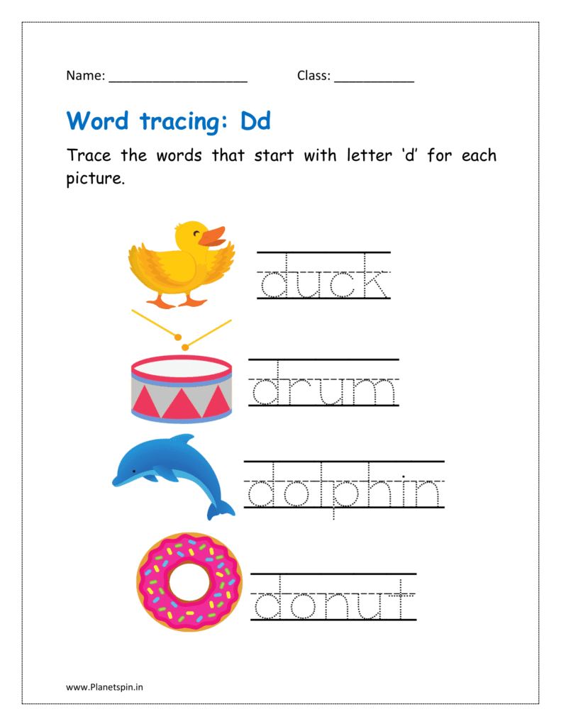 Trace the words that start with letter ‘d’ for each picture