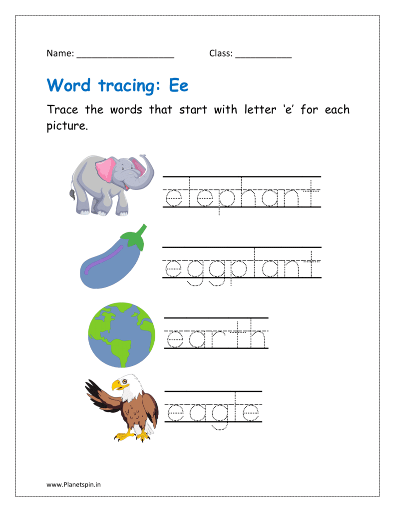 Trace the words that start with letter ‘e’ for each picture