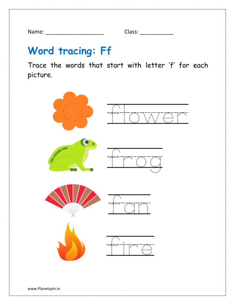 Trace the words that start with letter ‘f’ for each picture (word tracing worksheet)