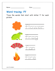 Trace the words that start with letter ‘f’ for each picture (word tracing worksheet)