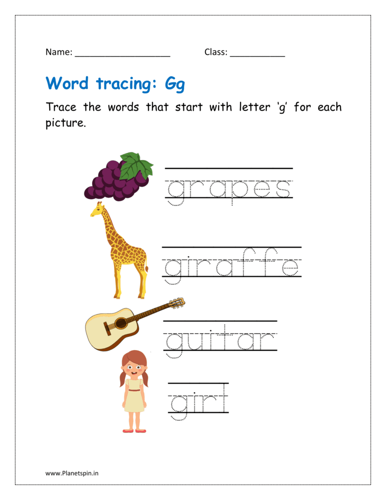 Tracing the word that start with letter ‘g’ for each picture