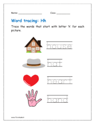 Trace the words that start with letter ‘h’ for each picture (word tracing worksheet)