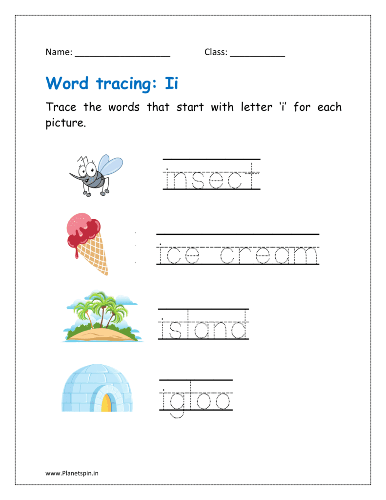 Tracing the word that start with letter ‘i' for each picture