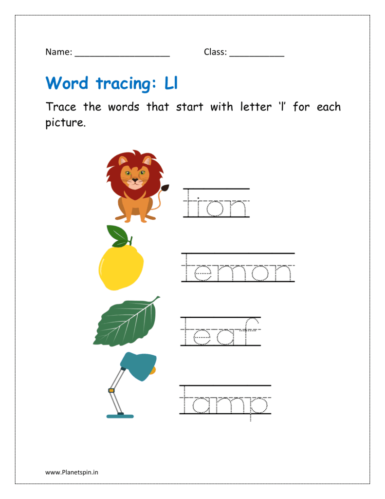 Tracing the word that start with letter ‘l' for each picture