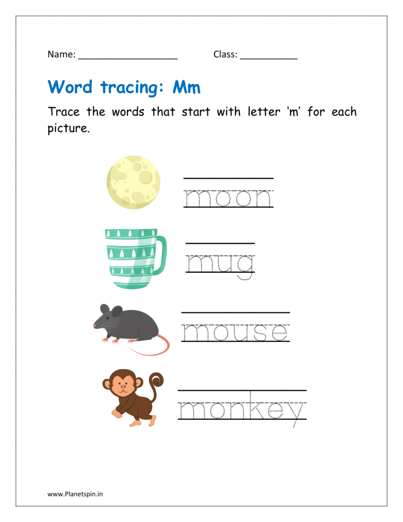 Trace the words that start with letter ‘m' for each picture