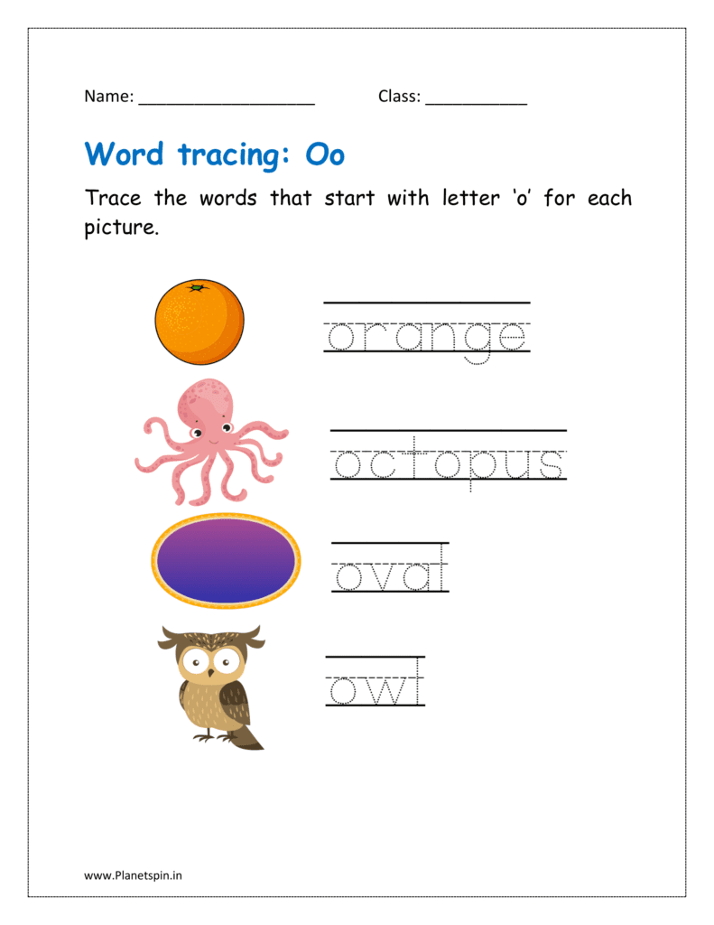 Trace the words that start with letter ‘o' for each picture