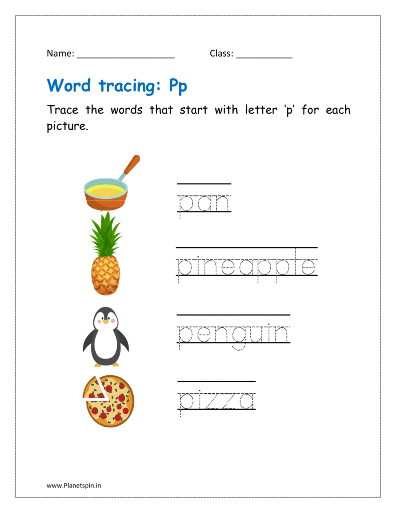 Trace the words that start with letter ‘p' for each picture