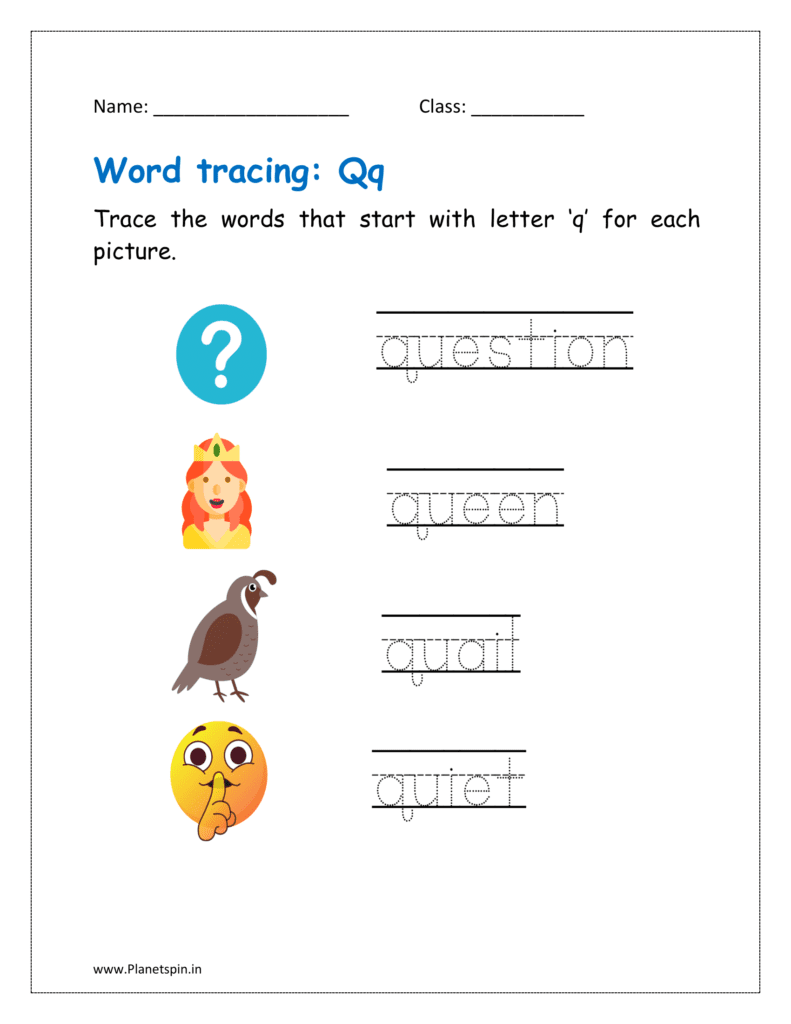 Tracing the word that start with letter ‘q' for each picture