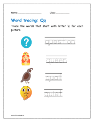 Tracing the word that start with letter ‘q' for each picture