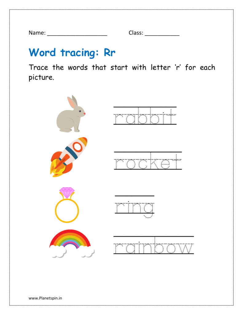 Trace the words that start with letter ‘r' for each picture