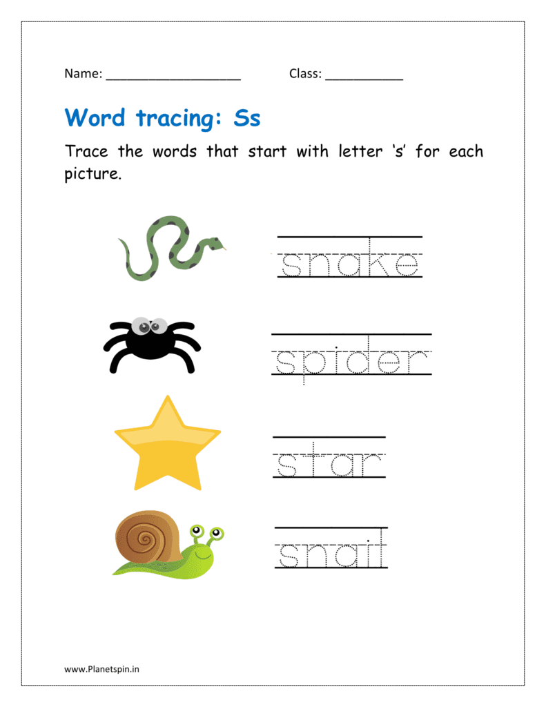 Tracing the word that start with letter ‘s' for each picture