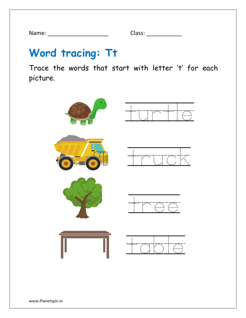 Trace the words that start with letter ‘t' for each picture