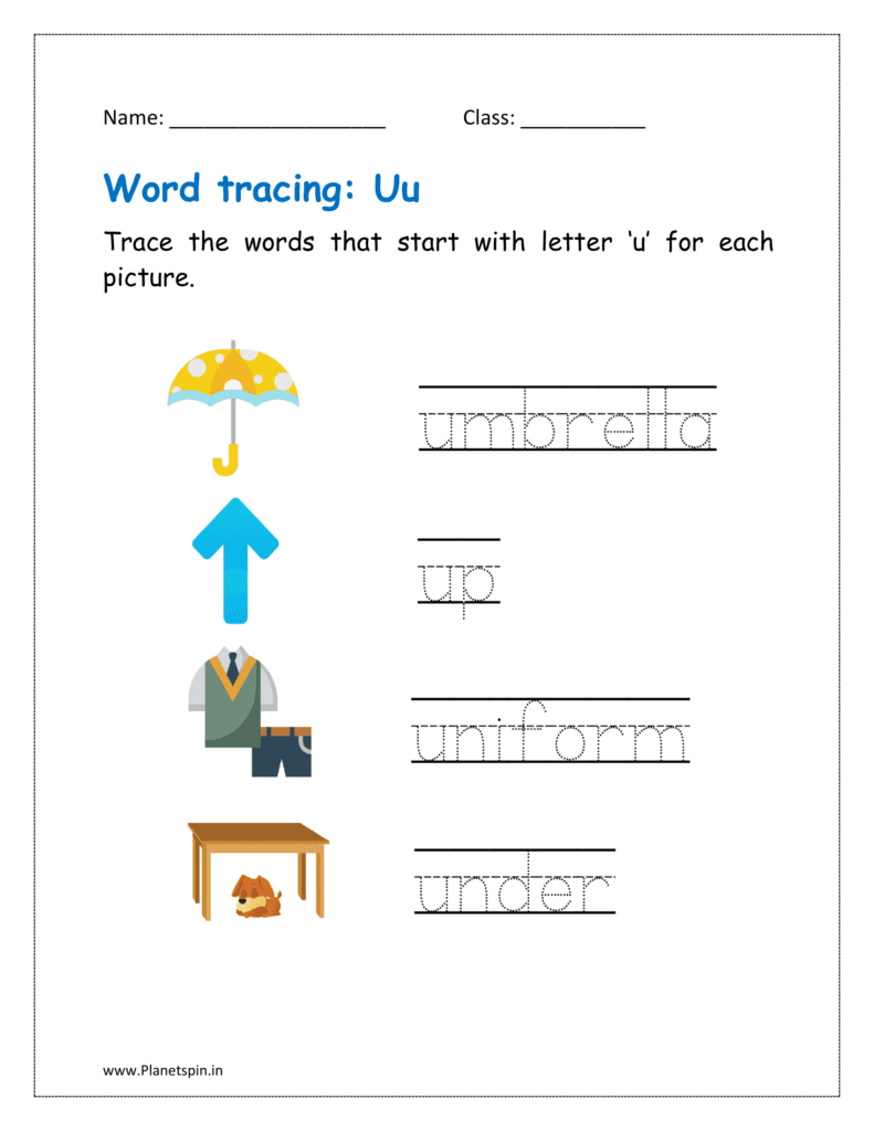 Tracing the word that start with letter ‘u' for each picture