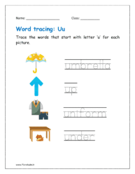 Tracing the word that start with letter ‘u' for each picture