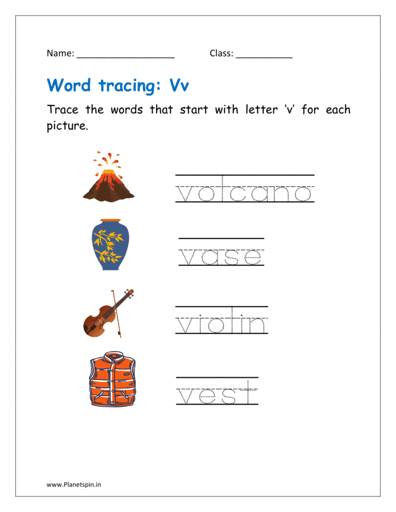 Trace the words that start with letter ‘v' for each picture